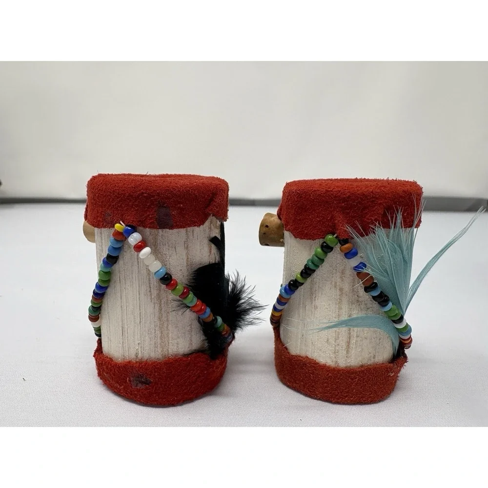 Vintage  Indian Drums Salt & Pepper Wood Rawhide beading